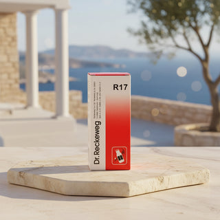 A red and white box of Dr. Reckeweg R11, featuring a vertical white stripe on the left with black text and a small icon of a syringe at the bottom.