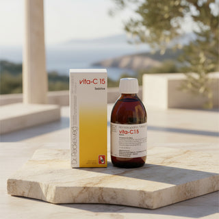 A product image showing a bottle and packaging of Dr. Reckeweg R15 VITA C15, which is labeled as a sedative herbal remedy.