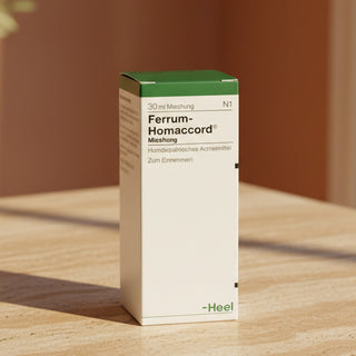 Box of Ferrum-Homaccord drops by Heel, used for treating shoulder and arm syndrome, epicondylitis, and anemia.