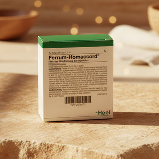 Box of Ferrum Homaccord ampoules with a green lid, labeled with the product name and brand, Heel.